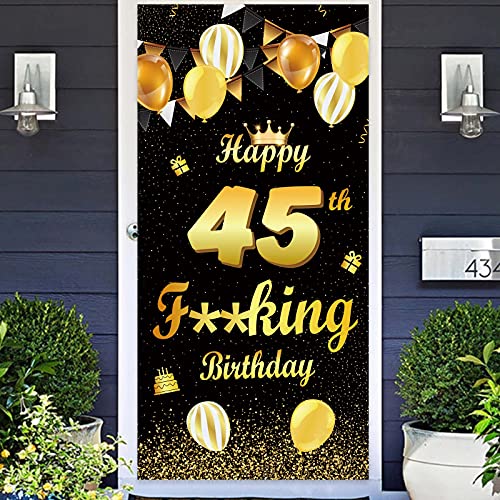 Happy 45th Birthday Banner Backdrop Crown Balloons Confetti Cheers to 45 Years Old Bday Theme Funny Birthday Decorations Decor for Men Women 45th Birthday Party Supplies Favors Black and Gold