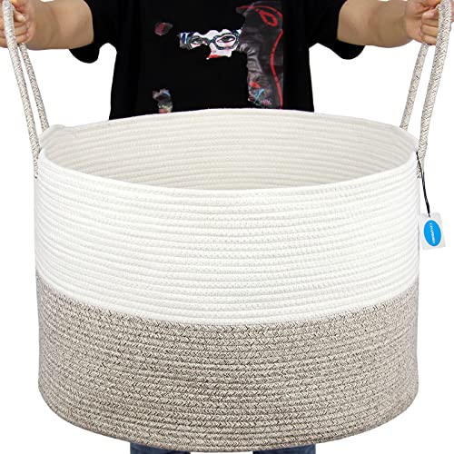 Casaphoria XXXLarge Cotton Rope Basket for Living Room – Woven Storage Basket with long Handle for Blankets, Towels and Pillows Laundry Hamper | Cream white and Brown (22″ x 22″ x 14″)