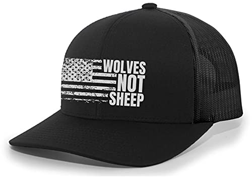 Men’s Wolves Not Sheep Patriotic Embroidered American Flag Mesh Back Trucker Hat, Black/Black