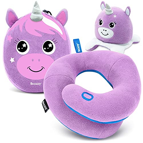 BCOZZY Kids Chin Supporting Travel Pillow for 3-7 Y/O -Stops The Head from Falling Forward– Comfortable Road Trip Essential. Soft, Washable, Small Size, Light Purple, Unicorn Bag and Unicorn Moodizz