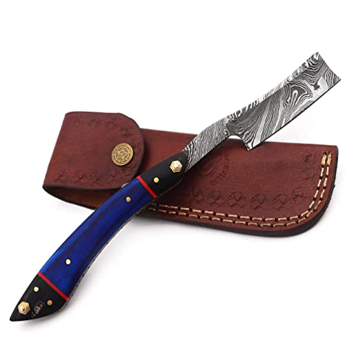 Qureshi Damascus Stainless Steel Barber razor, Straight Razor for Men Includes Fixed Blade, Leather Sharpening Strop and Case with Colored Wood Handle for a Silky Magic Shave