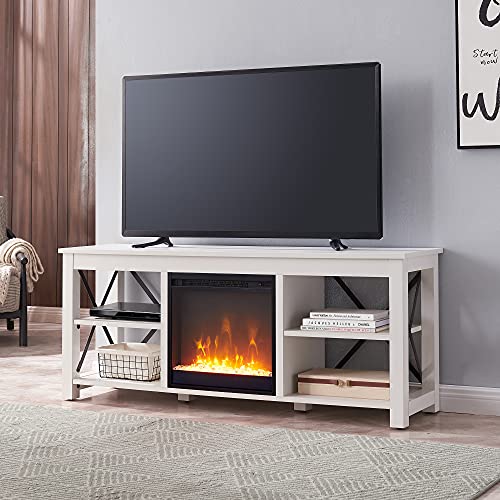 Henn&Hart Rectangular TV Stand with Crystal Fireplace for TV’s up to 65″ in White, TV Stands for the Living Room