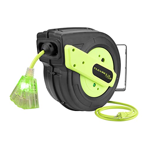 Flexzilla Retractable Extension Cord Reel, 12/3 AWG SJTOW Cord, 60′, Grounded Triple Tap Outlet, ZillaGreen, FZ8120603