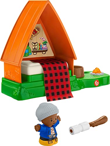 Fisher-Price Little People A-Frame Cabin, electronic camping playset with light, sounds, figure and accessory for toddlers and kids ages 1 to 5 years
