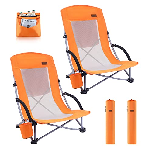 Nice C Beach Chair, Beach Chairs for Adults 2 Pack w/Cooler Compact High Back, Cup Holder & Carry Bag & Heavy Duty Outdoor, Camping, BBQ, Travel, Picnic, Festival (Set of 2 Orange)
