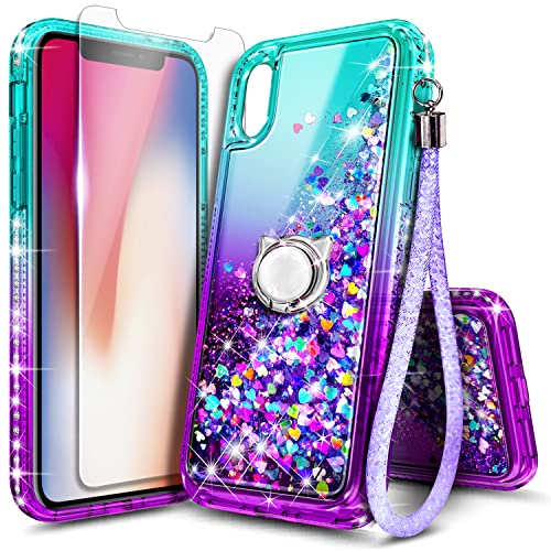 NGB Case for iPhone XR with Tempered Glass Screen Protector, Ring Holder/Wrist Strap, Girls Women Liquid Bling Sparkle Flowing Floating Glitter Clear Cute Case (Aqua/Purple)
