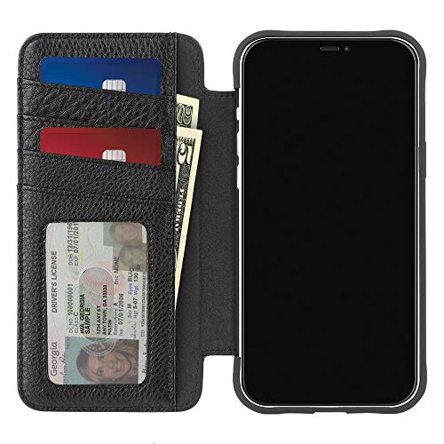 Case-Mate Wallet Folio iPhone 13 Case – Black [10FT Drop Protection] [Compatible with MagSafe] Magnetic Flip Shockproof Cover Made with Genuine Pebbled Leather, Landscape Stand, Cash & Card Holder