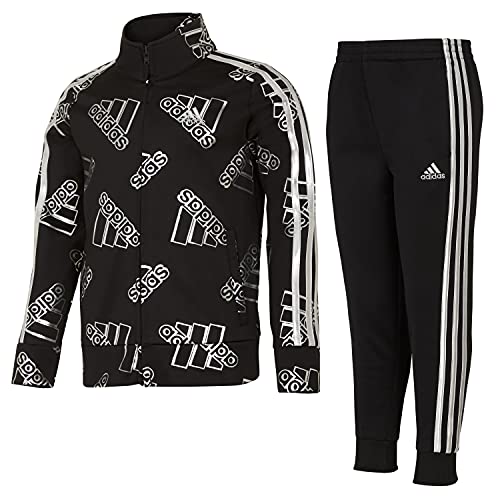 adidas Girls’ Zip Front Printed Tricot Jacket and Joggers Set, Black with Silver, 5