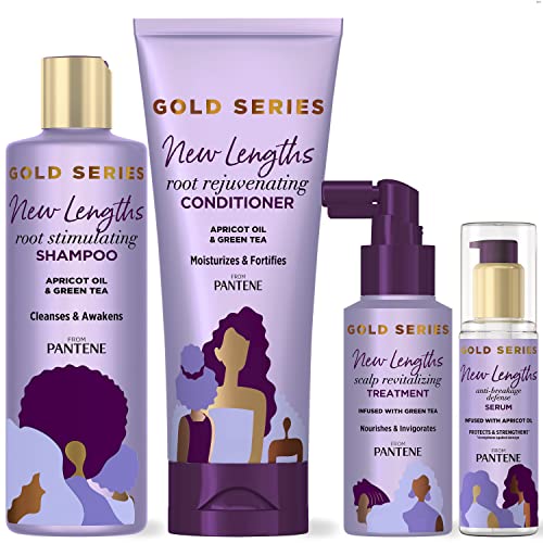 Pantene New Lengths Bundle with Root Stimulating Shampoo, Rejuvenating Conditioner, Scalp Revitalizing Treatment and Anti-Breakage Serum, made with Apricot Oil and Green Tea, for Natural and CurlyHair