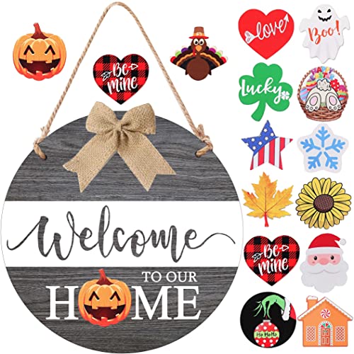 Interchangeable Seasonal Welcome Sign for Front Door Welcome to Our Home Fall Decorations Wood Round Fall Wreath with Bow for Spring Summer Autumn Winter Outdoor Decor (Grey)