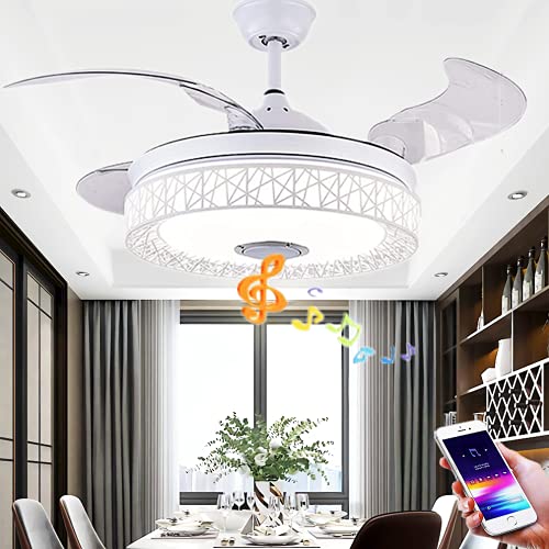 42″ Chandelier Ceiling Fans with Light and Remote Control, Modern Retractable Blades Fandelier Ceiling Fan with Bluetooth Speaker Silent Motor 7 Colors 3 Speeds for Bedroom Living Room Dining Room