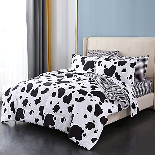 Mengersi Cow Print Bed in a Bag – Cow Print Comforter Sets Full Size, Black and White Reversible Bedding Set with Bed Sheets (1 Comforter,1 Flat Sheet,1 Fitted Sheet,2 Pillow Shams,2 Pillowcases)