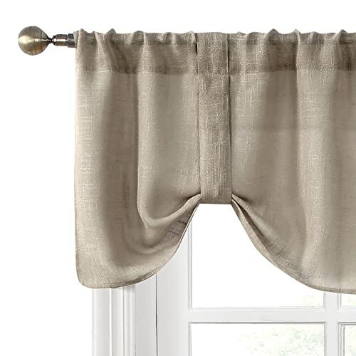 Home Queen Burlap Tie Up Curtain Topper Valance for Cafe Window, Semi Sheer Fabric with Adjustable Magic Strap, Straight and Wave Available, 54″ W X 20″ L, Taupe