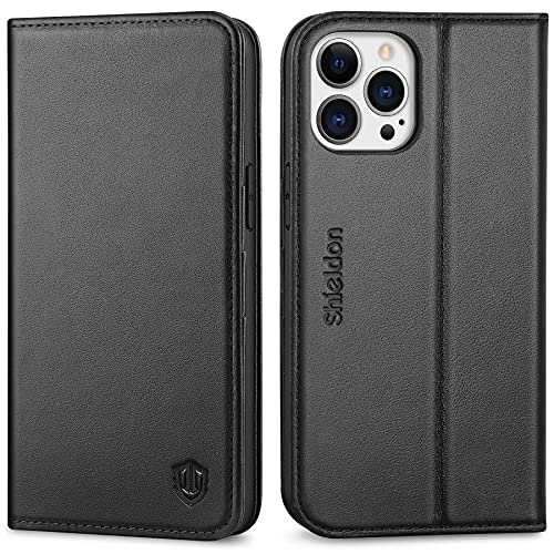 SHIELDON Case for iPhone 13 Pro Max 5G, Genuine Leather Wallet Case Magnetic Folio Shockproof Cover Kickstand RFID Credit Card Holder Compatible with iPhone 13 Pro Max 5G (6.7″ 2021 Release) – Black