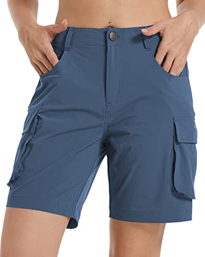 UPSOWER Womens Hiking Shorts with Multi Pockets Lightweight Quick Drying Cargo Shorts for Summer(Blue L)