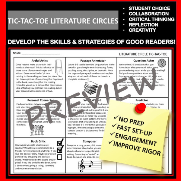 Literature Circle Choice Board Menu: Reading Improvement & Student Engagement