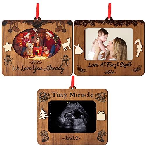 2022 Christmas Wooden Photo Keepsake Ornament Ultrasound Picture Frame Sonogram Photo Frame for Newborn Baby, Parents and Grandparents Christmas Wooden Decor