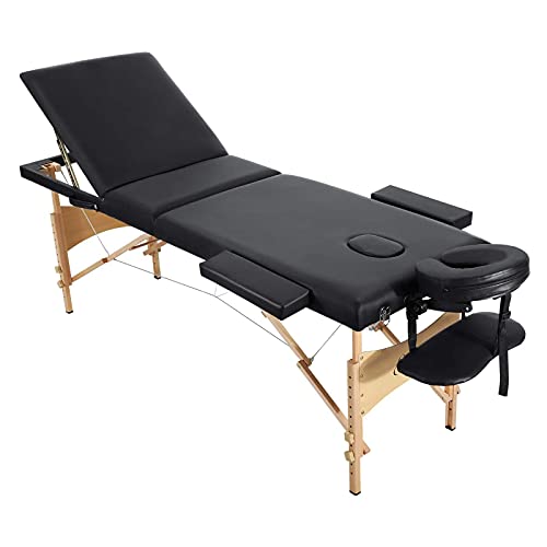 Massage Table Spa Bed Portable 3 Sections Wooden Legs with Face Hole Carrying Bag