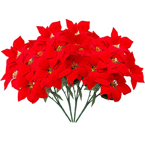 Tifuly 4 pcs Artificial Poinsettia Flowers, 7 Heads Fake Poinsettia Bouquet Red Christmas Flowers for Home Door Stair Garden Christmas Tree Decoration