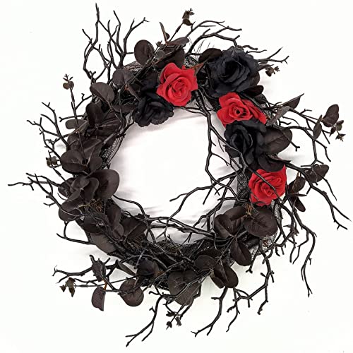 NOBLE trading and lifestyle Home Décor Floral Wreath for Front Door – Wall or Window Décor – 18” Artificial, Silk Rose, Eucalyptus Leaf and Branch Wreath – Gothic by Design
