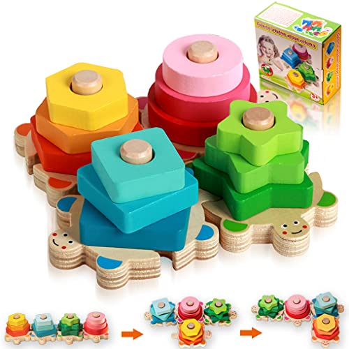 CTSHai Wooden Stacking Toys for Toddler 1 2 3 Year Old, Educational Montessori Toys Preschool Learning Shape Sorter Developmental Block Puzzle Baby Sensory Toys for Girls Boys Kids Multicolored