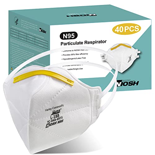 N95 Mask USA NIOSH Approved, 40-Pack Breathable Disposable Face Masks, Genuine Foldable Particulate Respirator N95 Masks Universal Fit(Approval Number 84A-6973) Individually Wrapped