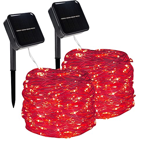 Twinkle Star 2 Pack Outdoor Solar String Lights, Each 39.4 FT 120 LED Solar Powered Valentines Day Decorative Fairy Lights with 8 Modes, Waterproof Silver Wire Light for Christmas Wedding Party, Red