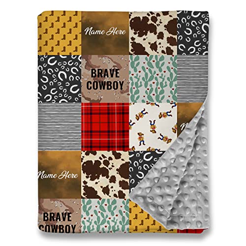 NICTIMEID Western Baby Boy Blankets Personalized with Name, Cowboy Swaddle Minky Blanket, Wild West Cow Print Baby Blanket, Cactus Blanket, Cowboy Blanket for Newborn Infant Toddlers Kids