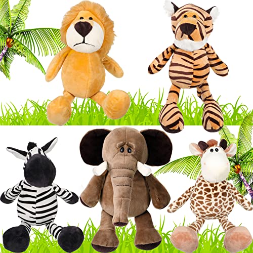5 Pieces Safari Stuffed Animals Toy Set Includes Lions Tigers Elephants Zebras and Giraffes 11.8 inch Wild Animals Soft Realistic Jungle Animals Toys for Boys, Girls, Adults