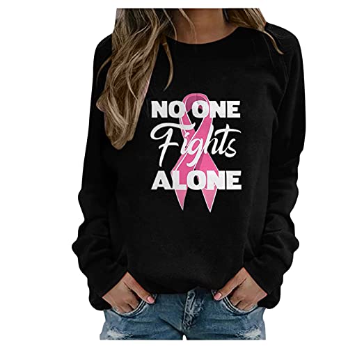 Mikilon Womens Crewneck Sweatshirt Breast Cancer Awareness Long Sleeve Pink Ribbon No One Fight Alone Print Sweatshirts Tops
