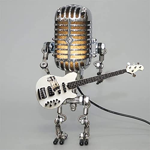 Vintage Microphone Robot Desk Lamp,Metal Microphone Robot Lamp with Mini Guitar,Robot Touch Dimmer Lamp,Vintage Light Home Decor Nightstand Desk Lamp for Bedroom,Bar,Restaurant (White)