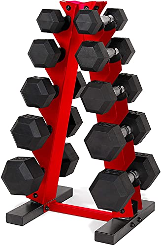 CAP Barbell A-Frame Dumbbell Weight Rack, Red (RK-12BIS-RD) with CAP 50lb Coated Hex Dumbbells, 5×2 20×2, & 10×2 15×2 & 25×2, Part of 150lb Set