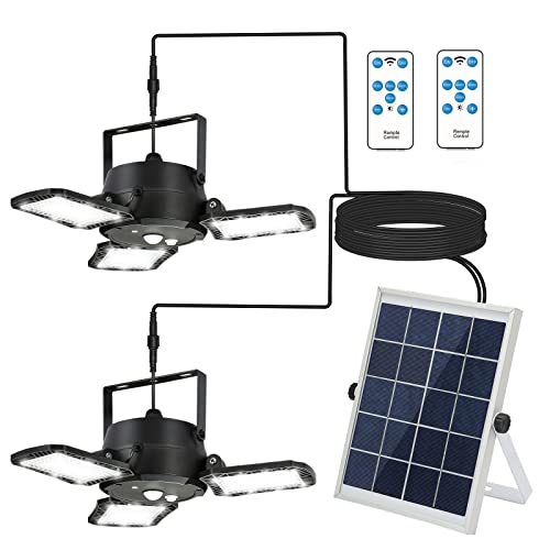 Solar Shed Lights with Dual Lamps, Outdoor Indoor 800LM 192LED Motion Sensor Solar Powered Pendant Light with Remote Control 120° Adjustable Heads IP65 Waterproof for Gazebo Garage Porch