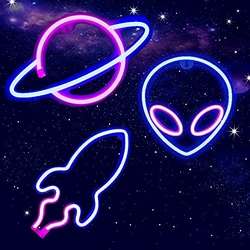 AIWEILUCK Neon Signs 3 Pack Christmas Decoration, Alien Planet Rocket Neon Sign, Valentine’s Day Neon Lights for Aesthetic Room Decor Space Themed Party, Game Room Decor Led Sign for Teen(3 Pack)