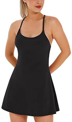 Womens Tennis Dress, Workout Dress with Built-in Bra & Shorts Pockets Exercise Dress for Golf Athletic Dresses for Women Black
