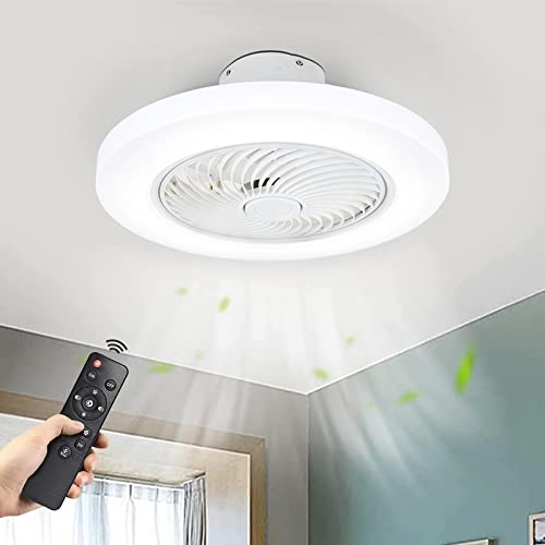 DADUL Low Profile Ceiling Fan with Lights, 21″ Flush Mount Enclosed Ceiling Fan with Remote Control, 3 Light Color 3 Speeds Timing Dimmable LED Bladeless Ceiling Fans for Bedroom, Living Room