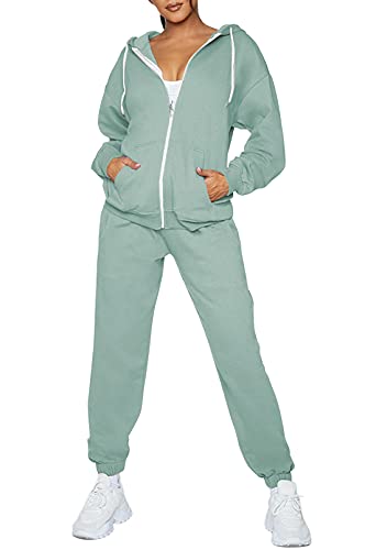 Fixmatti Women Casual 2 Piece Outfits Long Sleeve Zip-up Hoodie Sweatpants Tracksuit Sweatsuit Green S