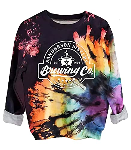 GREFLYING Halloween Sweatshirt for Women Sanderson Witch Brewing CO Graphics Pullover Tops Reverse Tie Dye Rainbow Sweatshirt(Rainbow2,S)