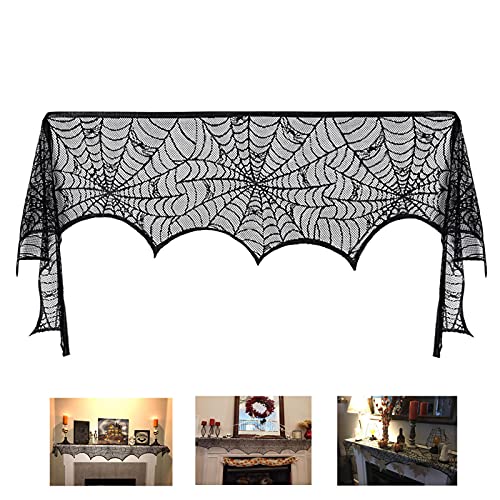 Comtraker Halloween Fireplace Mantle Decorations,Black Lace Spiderweb Fireplace Mantle Scarf Cover Garland Festive Party Supplies 18 x 98 inch (Black)