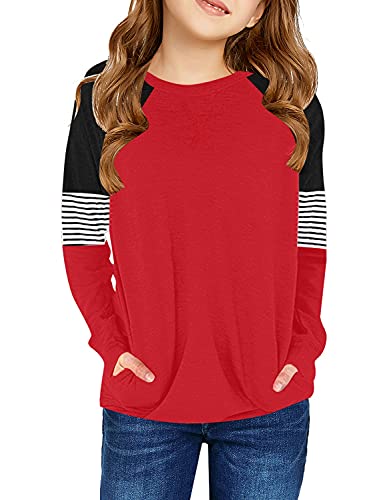 LookbookStore Girls Tops Size 4-5 Winter Long Sleeve Shirts Round Neck Children Tops Cute Tee Soft and Comfy Kids Clothes Fall Blouse with Pockets Red