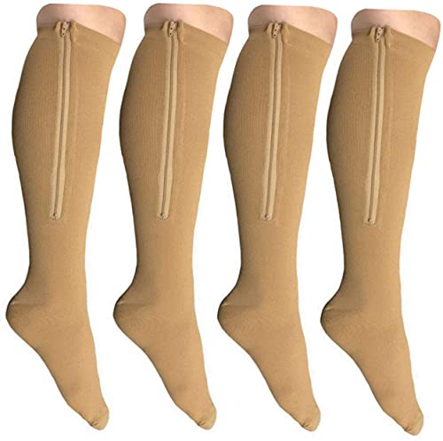EWRGGR 2 Pair Zip Compression Socks for Women Closed Toe with Zipper Stocking Wide Calf Knee Length Easy on off 15-20 mmHg (2 Pair Beige, L/XL)