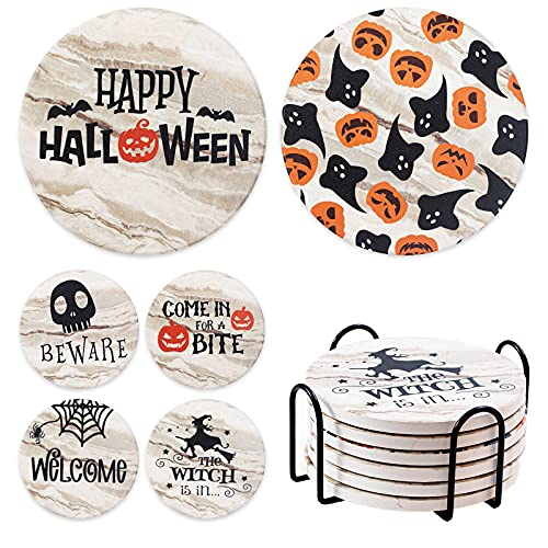 Halloween Coasters for Drinks Absorbent with Holder, Pattern Coasters with Cork Base,Round Ceramic Funny Coaster Set for Wooden Table,Bar,Housewarming Gifts,Holiday Party