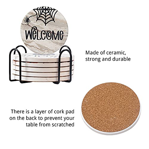 Halloween Coasters for Drinks Absorbent with Holder, Pattern Coasters with Cork Base,Round Ceramic Funny Coaster Set for Wooden Table,Bar,Housewarming Gifts,Holiday Party | The Storepaperoomates Retail Market - Fast Affordable Shopping