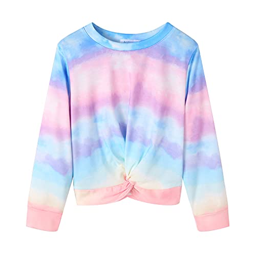Arshiner Girls Casual Twist Front Light Weight Sweatshirt Tie Dye Printed Long Sleeve Crop Tops Pullover Size 9-10 Years