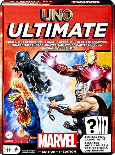 UNO Ultimate Marvel Card Game with 4 Collectible Foil Cards, Character-Themed Decks & Special Rules, Gift for Game Night, Ages 7 Years & Older