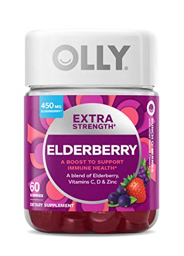 OLLY Extra Strength Elderberry Gummies, Immune Support, 450mg Elderberry, Vitamin C, D and Zinc, Berry – 60 Count