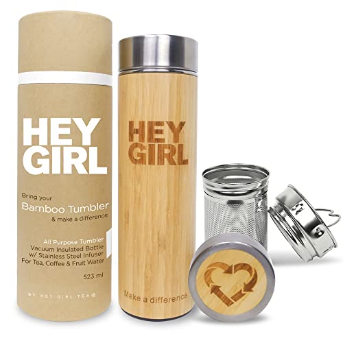 Hey Girl Bamboo Tea Infuser Bottle with Tea Strainer – Insulated Stainless Steel Water Bottle for Loose Leaf Tea & Coffee – Tea Tumbler with Diffuser – Loose Tea Bottle or Thermos Travel Mug – 18 oz
