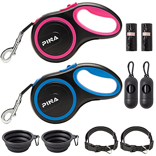PINA Retractable Dog Leash, 26ft Dog Leash for Small Medium Large Dogs Up to 110lbs, 360° Tangle-Free Strong Reflective Nylon Tape, with Anti-Slip Handle, One-Handed Brake, Lock – Pink & Blue, 2 Pack
