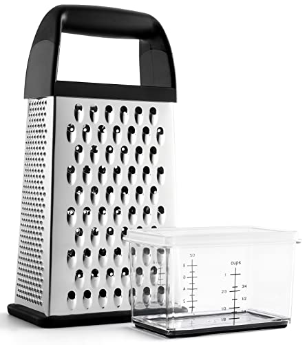Spring Chef Professional Box Grater With Storage Container, Stainless Steel & Soft Grip Handle, 4 Sides, Handheld Kitchen Food Shredder Best for Parmesan Cheese, Vegetables, Ginger, 10″ Black