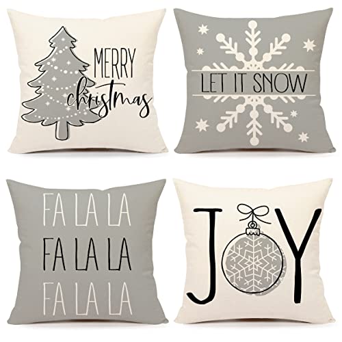 4TH Emotion Gray Christmas Pillow Covers 18×18 Set of 4 Farmhouse Christmas Decorations Merry Tree Joy Let It Snow FA La La Winter Holiday Decor Throw Cushion Case for Home Couch TH055-18